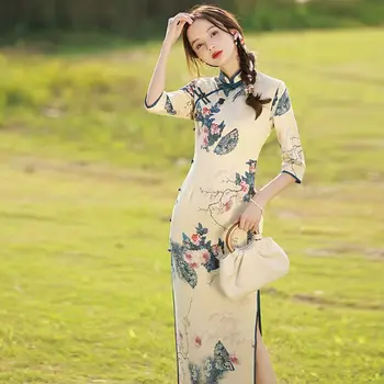 2023 Yaz Yeni Geliştirilmiş Modern Orta Uzun Taze Cheongsam Küçük Kız Günlük Qipao Asya Oryantal Elbiseler Kadınlar için
