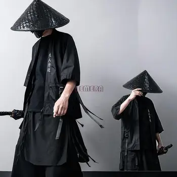 2023 Yeni Japon Geleneksel Siyah Kimono Hırka Diablo Samurai Ninja Cosplay Takım Elbise Çin Hanfu Tarzı Ceket Streetwear