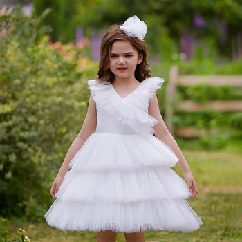 Kabarık Tül Beyaz gelinlik modelleri Kızlar İçin Çocuk Resmi Düğün Balo elbisesi Zarif Çocuklar Kız Doğum Günü Prenses Parti Elbise