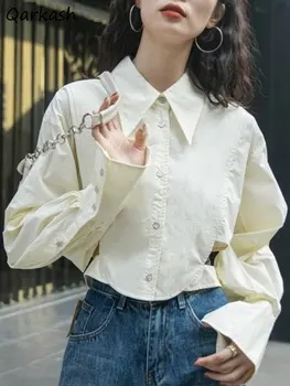 Kadınlar için gömlek Hollow Out Tasarım Katı Parlama Kollu Kırpma Üstleri Tatlı Rahat Öğrenciler Kore Tarzı Moda Tüm Maç Temel Şık