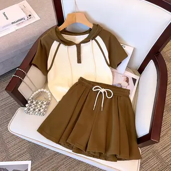 Kız Takım Elbise 2023 Yaz Yeni çocuk Kore Tarzı Eğlence Spor İki Parçalı Set Büyük çocuk Yaz Takım Elbise Etek