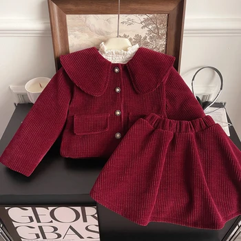 Kızın Kış Kırmızı Set Bebek Kız Büyük Yaka Peluş Ceket + Kısa Etek Düğmesi İki Parçalı Set Noel ve Yeni Yıl Giysileri