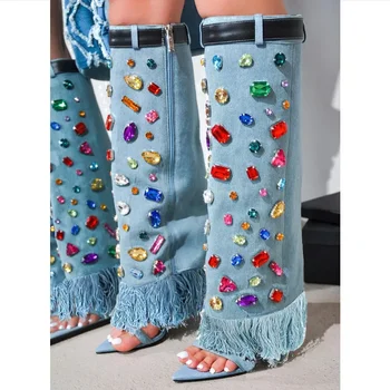 Moda Pist Mavi Denim Kristal Ince Topuklu Diz Yüksek Çizmeler Stilettos Gece Kulübü Peep Toe Kadın Ayakkabı Botas Mujer