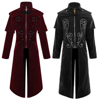 Ortaçağ gotik ayakta yaka retro uzun erkek gotik kırmızı kış çapraz fermuar elbise