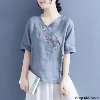 Yaz Vintage Sanat İnce İşlemeli Pamuk Keten Üst Etnik Tarzı V Yaka T-shirt Çin Geleneksel kadın Giyim Çay Giyim