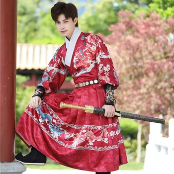 Çin Geleneksel Ming Qing Hanedanı Erkekler Hanfu Elbise Ejderha Baskı Tang Takım Elbise Hanbok Kore Elbise Prens Kılıçlı Cosplay Kostüm