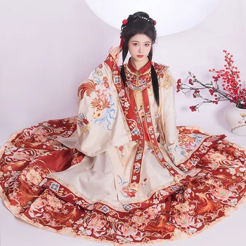 Üç parçalı Set Çin Yeni Yılı Hanfu düğün elbisesi Ming tarzı Sonbahar ve kış düğün elbisesi Yeni Yıl kırmızı vestido hanfu